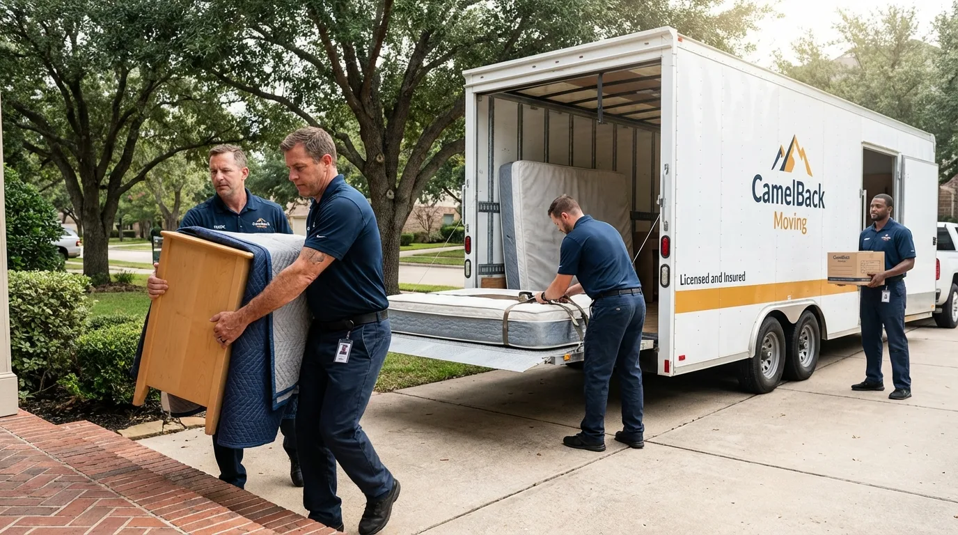 Crew loading residential truck for cross-state move from Valencia, CA