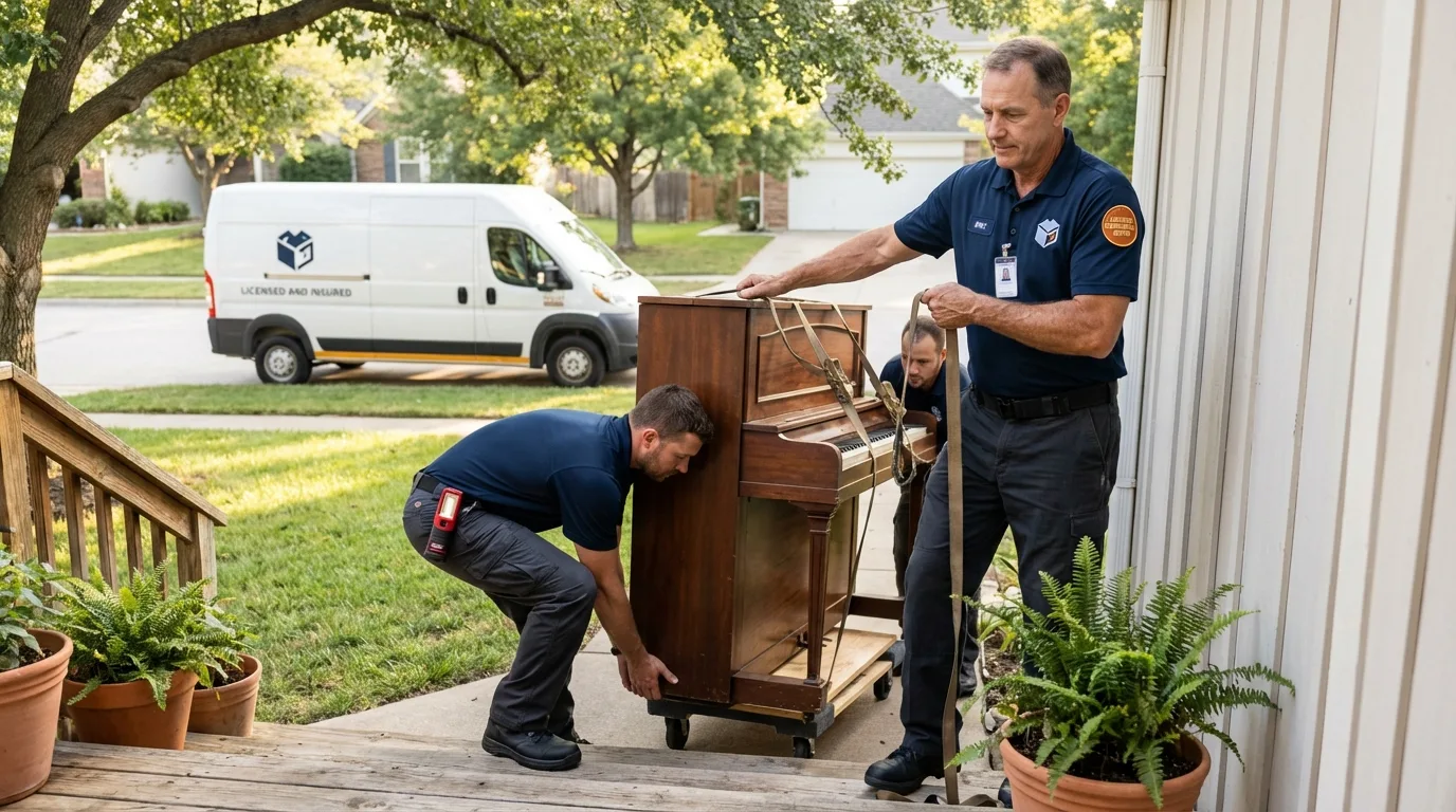 Licensed piano movers securing grand piano in Valencia, CA