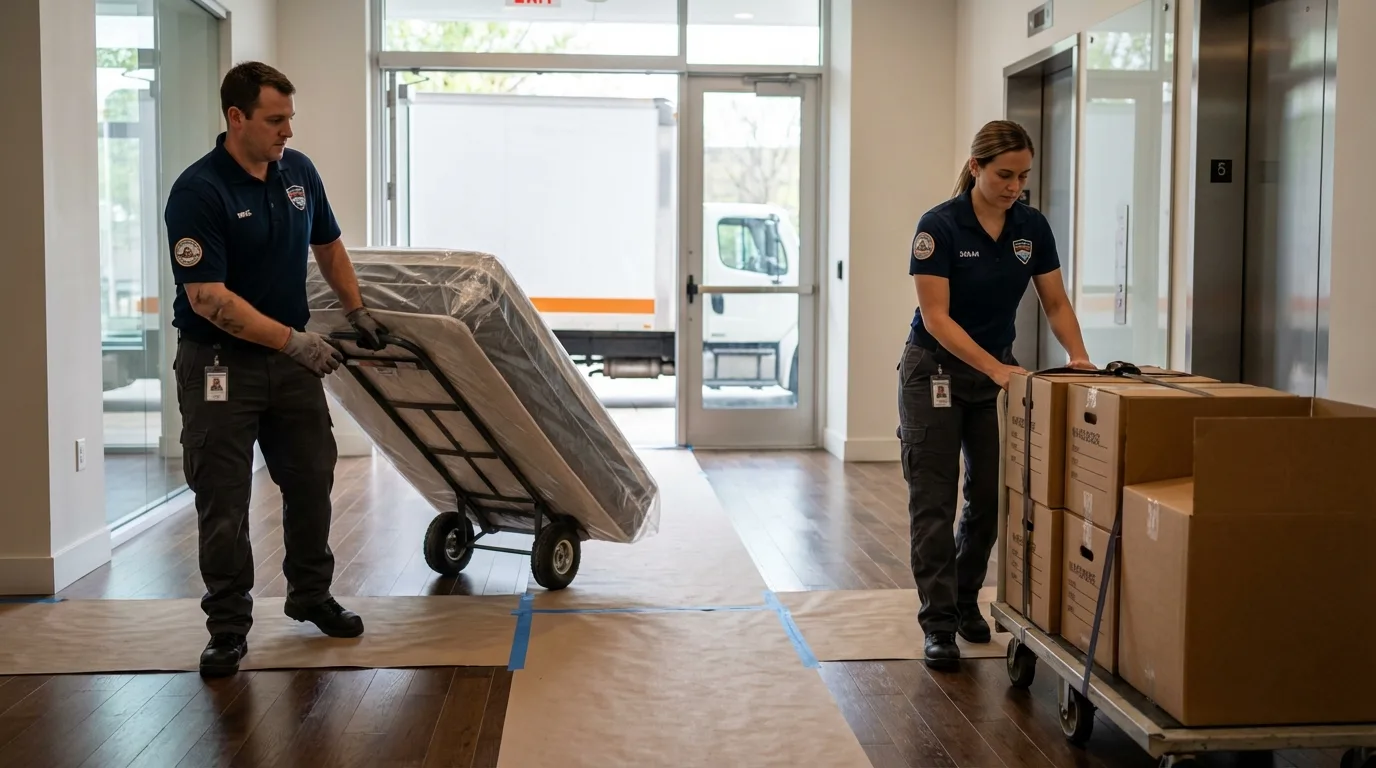 Professional apartment movers loading elevator in Valencia, CA