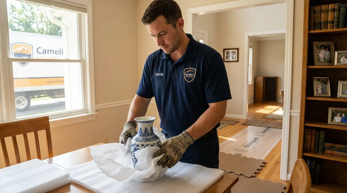 Professional crew carefully wrapping antique vase for senior downsizing move in Valencia, CA